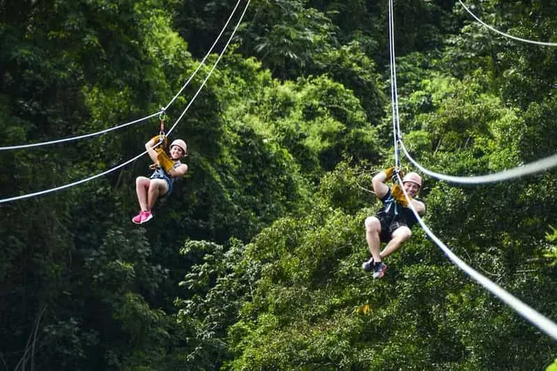 Experience one of the longest ziplines in the Caribbean, flying side by side with your partner, then visit Monkeyland for the chance to interact with and feed small squirrel monkeys. Expert canopy guides will teach you everything you need to know about ziplines and your equipment before you are transferred to the visitor center, where a safety briefing will be given. When you reach the first platform, you will be ready to take on the challenge of flying from one platform to another. You will be safely attached to double-line cables, the longest of which spans 800 meters. The combo tour includes 8 ziplines, including the two longest lines in the Caribbean, spanning a distance of 2 kilometers in the mountains. Race your partner while moving on side-by-side cables! This full-day excursion (approximately 9 hours) also includes a visit to Monkeyland, where you can interact with the friendly squirrel monkeys. Nestled in the Anamuya mountains, Monkeyland allows you to observe monkeys in their natural environment. In this 5-acre environment, the monkeys completely trust humans. They come down from the trees to sit on your shoulder and eat from your hand. Note, however, that they love everything that glitters and will want to take a look at jewelry and sunglasses! Then, during a visit to the Coconut House, you will learn how coconuts become coconut oil and you will have the opportunity to taste local organic products. - Wear comfortable clothes, closed shoes and bring a camera. - This tour is not recommended for people with heart problems, reduced mobility or disabilities, as well as pregnant women. People with a severe peanut allergy also cannot participate in this tour.
